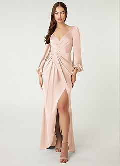 Azazie Mel Bridesmaid Dresses Blushing Pink Sheath Long Sleeve Stretch Satin Dress image1