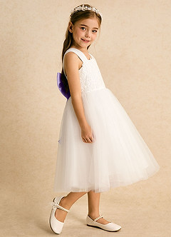 Azazie Dimple Abiti da Ragazza di Fiori Abito Principessa in Tulle Pizzo Avorio Lilla image5