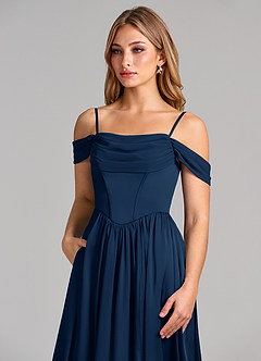 Azazie Raisa Bridesmaid Dresses Dark Navy A-Line Off the Shoulder Stretch Satin Dress image7