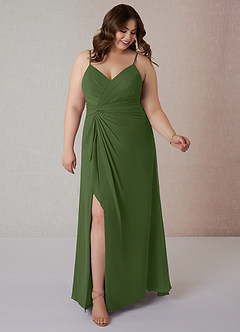 Azazie Emerald Vestidos de damas de honor Vestido de Oliva de Gasa de Corte en A con Volantes image7