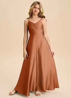 Azazie Bug Junior Abito A-Line in Raso Elasticizzato Plissettato Rame image5