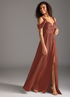Azazie Lianne Bridesmaid Dresses Auburn A-Line Off the Shoulder Stretch Satin Dress image6