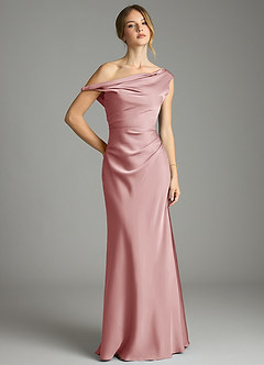 Azazie Emerson Vestidos de madrinha de casamento Vestido Rosa Empoeirada de Cetim elástico de sereia com Ombros Caídos image1