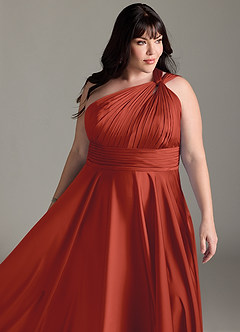 Azazie Charlize Bridesmaid Dresses Rust A-Line One Shoulder Stretch Satin Dress image15