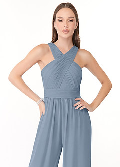 Azazie Berdie Bridesmaid Dresses Dusty Blue Halter Chiffon Jumpsuit image5