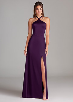 Azazie Elliana Bridesmaid Dresses Grape A-Line Side Slit Stretch Satin Dress image5