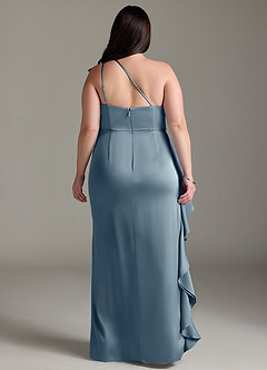Azazie Latrice Bridesmaid Dresses Dusty Blue Sheath One Shoulder Cascading Ruffles Stretch Satin Dress image7