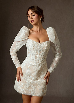 Azazie Winter Wedding Dresses Diamond White Champagne A-Line Strapless Lace Dress image4