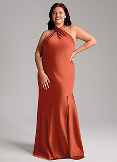 Azazie Lorena Bridesmaid Dresses Rust Mermaid Pleated Stretch Satin Dress image7