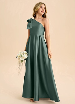 Azazie Penguin Junior Abito A-Line in Raso Elasticizzato Fiocco Muschio Marino image6