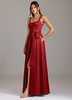 Azazie Elliott Bridesmaid Dresses Pomegranate A-Line with Pockets Stretch Satin Dress image4