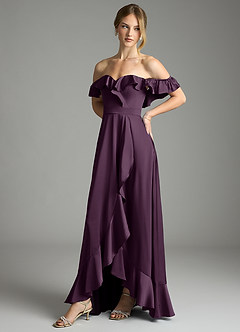 Azazie Lyra Bridesmaid Dresses Plum A-Line Off the Shoulder Stretch Satin Convertible Dress image7