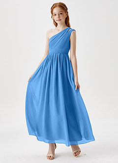Azazie Anissa Junior Abito A-Line in Chiffon Plissettato Blue Jay image3