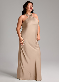 Azazie Doretta Bridesmaid Dresses Taupe Mermaid Pleated Stretch Satin Dress image8