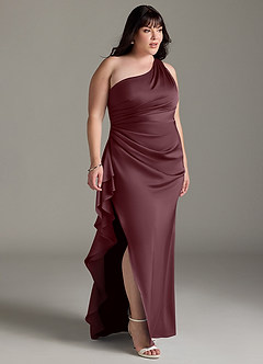 Azazie Latrice 신부 들러리 드레스 쉬스 한쪽 어깨 스트레치 새틴 바닥 길이 드레스 image9