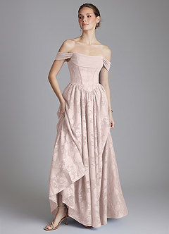 Azazie Raisa Bridesmaid Dresses Blushing Pink A-Line Off the Shoulder Floral Burnout Dress image6