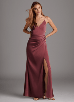 Azazie Shania Bridesmaid Dresses Merlot Sheath V-Neck Pleated Stretch Satin Dress image3