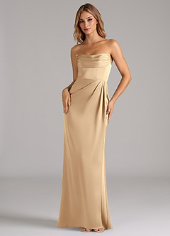 Azazie Johana Robes de demoiselle d'honneur Robe Sirène Convertible en Satin extensible Épaule décolletée Champagne image5