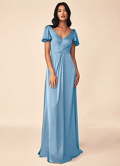Azazie Soren Bridesmaid Dresses Powder Blue A-Line Pleated Stretch Satin Dress image1