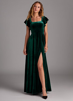 Azazie Bondi Bridesmaid Dresses Emerald A-Line Side Slit Velvet Dress image1