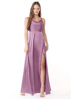Azazie Naomie Bridesmaid Dresses Wisteria A-Line Cowl Neckline Side Slit Stretch Satin Dress image1