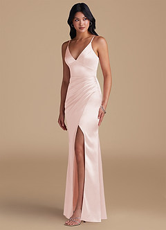 Azazie Shania Bridesmaid Dresses Rose Gold Sheath Pleated Metallic Satin Dress image6