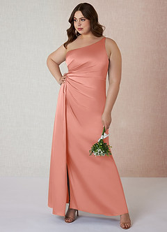 Azazie Mika Bridesmaid Dresses Coral Sheath One Shoulder Stretch Satin Dress image8