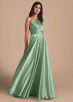 Azazie Charlize Bridesmaid Dresses Matcha A-Line One Shoulder Metallic Satin Dress image4
