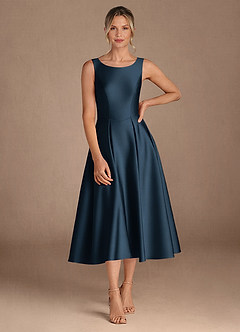 Azazie Fulton Mother of the Bride Dresses Dark Navy A-Line Pleated Stretch Satin Dress image4