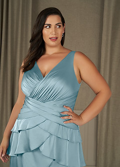 Azazie Viola Mother of the Bride Dresses Moody Blue A-Line Pleated Stretch Satin Dress image9