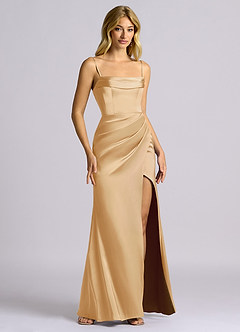 Azazie Auden Robes de demoiselle d'honneur Robe Fourreau Convertible en Satin extensible Épaule décolletée Or image3