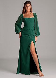 Azazie Brixley Bridesmaid Dresses Emerald Mermaid Long Sleeve Chiffon Dress image4
