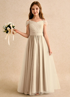 Azazie Yuna Girls Formal vestidos de niña de las flores Vestido de Champán de Tul de Corte en A con Vestidos sin tirantes image3