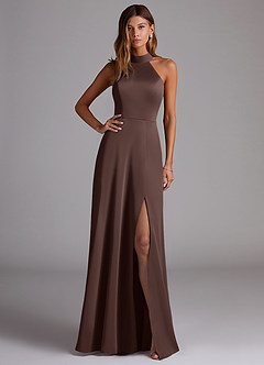Azazie Myra Bridesmaid Dresses Ganache A-Line High Neck Stretch Satin Dress image1