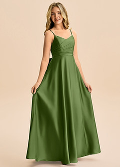 Azazie Rumi Junior Abito A-Line in Raso Elasticizzato Plissettato Ginepro image5