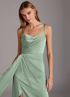 Azazie Bona Final Sale Agave A-Line V-Neck Pleated Stretch Satin Dress image7