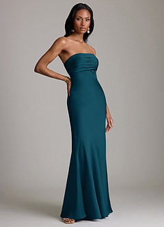 Azazie Saylor Vestidos de damas de honor Vestido de Azul Tinta de Satén Elástico de Corte Sirena con Sin tirantes image4