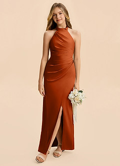 Azazie Jemma Junior Burnt Orange Sheath Ruched Stretch Satin Dress image4
