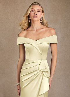 Azazie Laredo Mother of the Bride Dresses Lemon Sorbet Mermaid Off the Shoulder Stretch Satin Dress image6