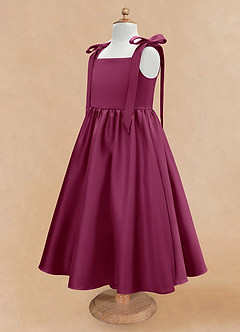 Azazie Chelsie Flower Girl Dresses Mulberry A-Line Bow Matte Satin Dress image7