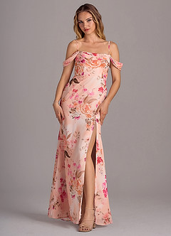 Azazie Saige Jurken voor bruidsmeisjes Converteerbaar Jurk van Chiffon met A-Lijn Off the Shoulder Abstract Boeket Bloemen image7