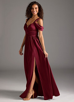 Azazie Lianne Bridesmaid Dresses Burgundy A-Line Off the Shoulder Stretch Satin Dress image6