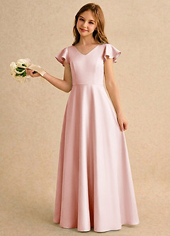 Azazie Nari Girls Formal Sukienki dla dziewczynek sypiących kwiaty Linia A z rękawami Matowy satynowy Długość podłogi Sukienka image1