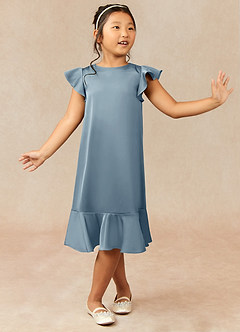 Azazie Sweet Pea Flower Girl Dresses Dusty Blue A-Line Ruched Stretch Satin Dress image3