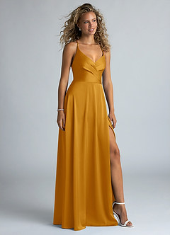Azazie Davis Bridesmaid Dresses Butterscotch A-Line Pleated Stretch Satin Dress image5