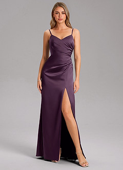 Azazie Azuree Bridesmaid Dresses Plum A-Line Pleated Stretch Satin Dress image12