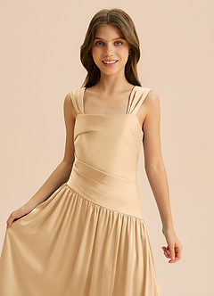 Azazie Dotty Junior Vestido Ouro de Cetim elástico de Linha A com Plissado image7