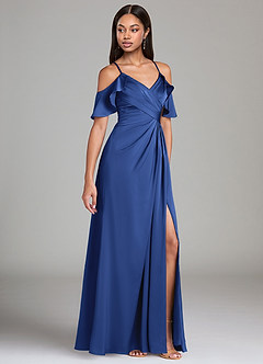 Azazie Dakota Bridesmaid Dresses Royal Blue A-Line Off the Shoulder Stretch Satin Dress image1