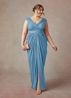 Azazie Lisolette Mother of the Bride Dresses Steel Blue Sheath Pleated Mesh Dress image9
