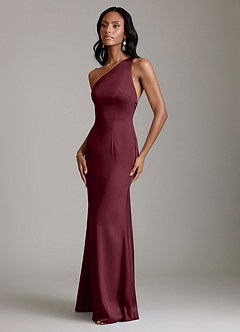 Azazie Voni Bridesmaid Dresses Cabernet Mermaid One Shoulder Stretch Satin Dress image6